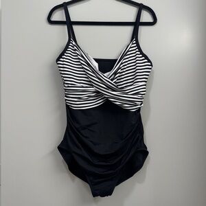 Black White Striped Twist Front One Piece Swimsuit Tummy Control